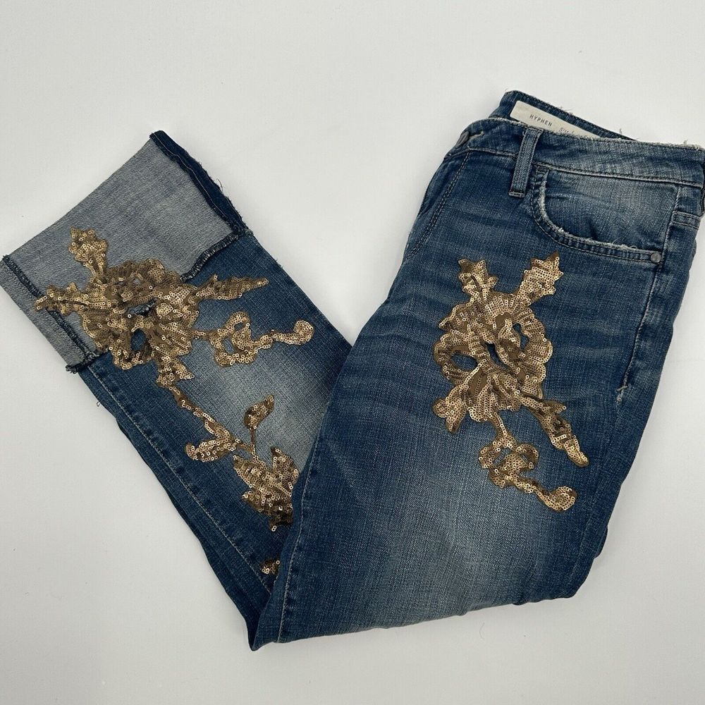 Pilcro Blue Denim Ankle Jeans with Gold Sequin Embroidery